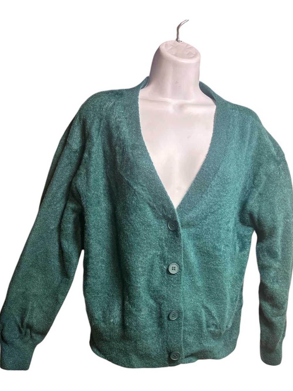 Abound Eyelash Knit Cardigan Sweater Womens Size S Green Teal Fuzzy V-Neck EUC